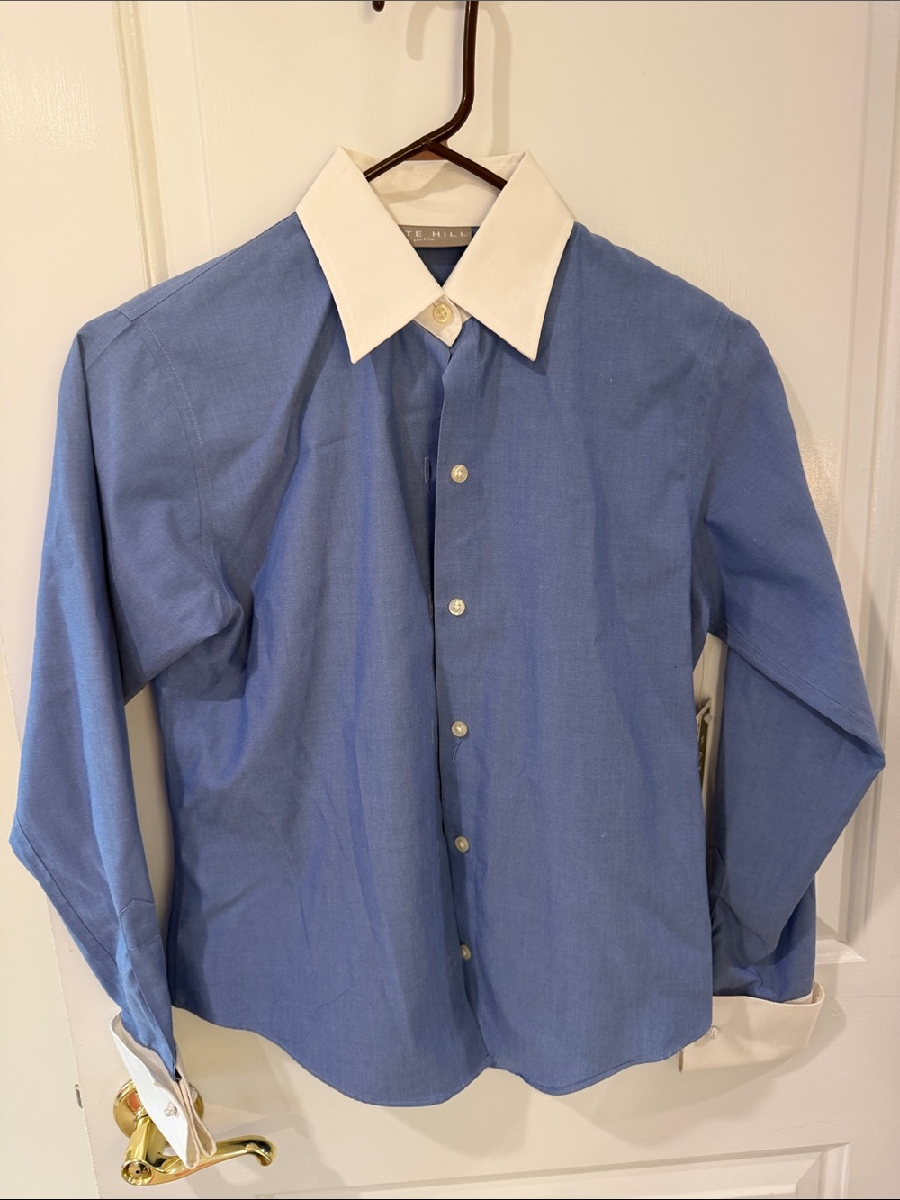 Woman's Blue Dress Shirt with White Contrast Collar